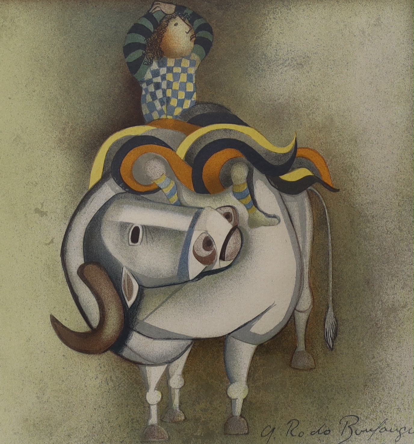 Graciela Rodo Boulanger (b.1935), two colour prints, Figures riding buffalos, 21 x 19.5cm